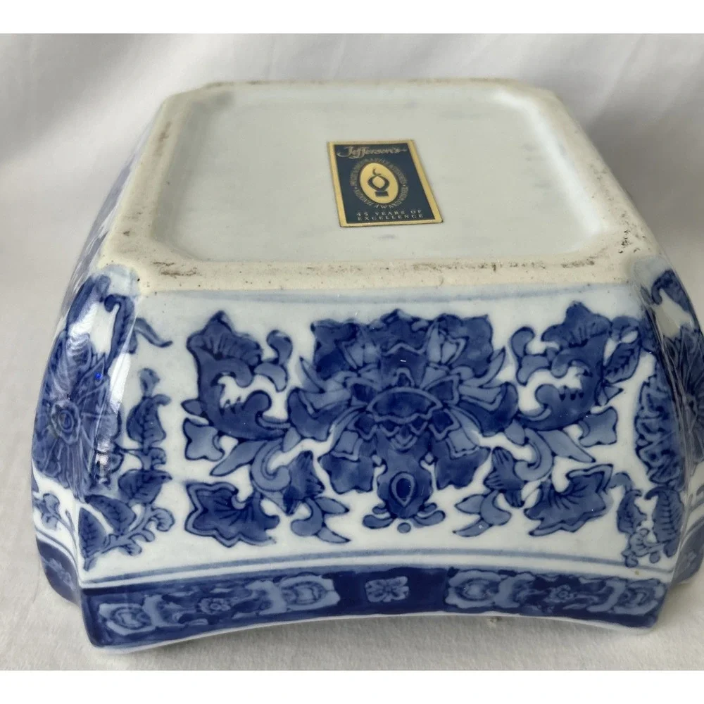 Chinese White and Blue SQUARE BOWL with Split Corners Large 8 3/4 Inch Heavy